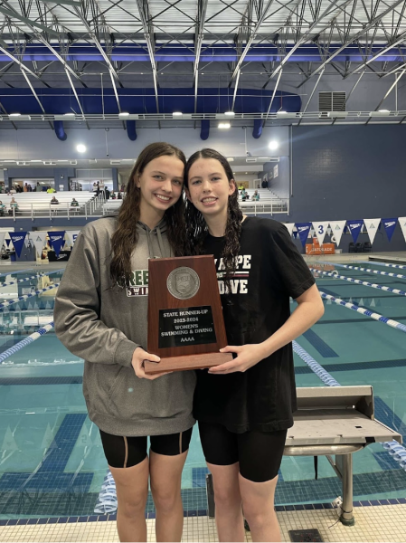 Mere (‘25) and Sloane (‘27) Whelehan pose with the Green Hope swim state runner-up award. Photo used with permission from Mere Whelehan.